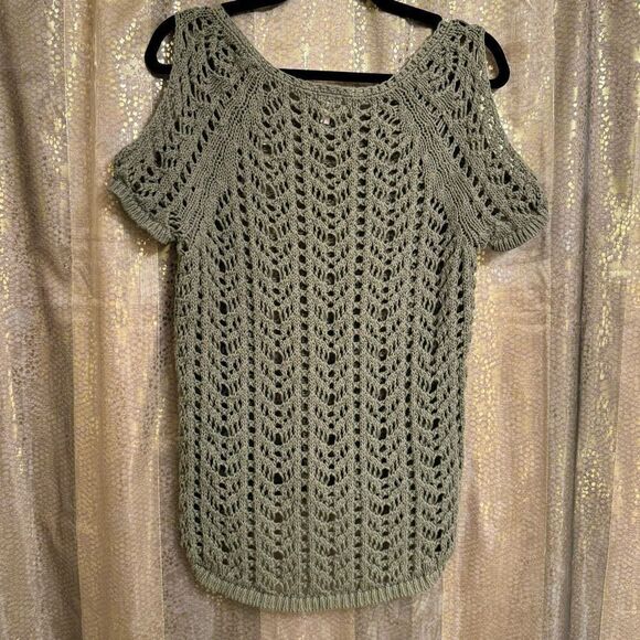 Victorias Secret Olive Green Open Knit Crochet Cold Shoulder Top Medium - Picture 2 of 5